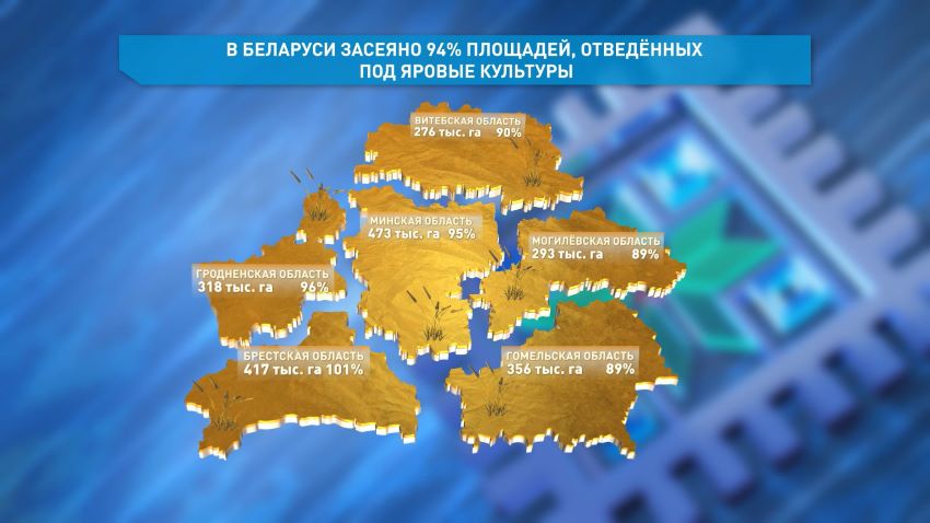  Горячая пора у аграриев. В Беларуси приближается к финишу сев яровых культур, сообщили в программе «Беларусь.Новости». Всего освоено уже более 94% отведенных под них площадей. Это более двух миллионов ста тысяч гектаров. Сельхозорганизации Брестской области засеяли 470 тысяч гектаров. Гродненская область освоила 318 тысяч гектаров. В Минском регионе яровые культуры посеяли на 473-х тысячах гектаров. Подтягиваются и другие области. Преодолел экватор сев гречихи – этой культурой уже занято порядка 7 тысяч гектаров. На финишную прямую вышел сев кукурузы и картофеля – аграрии страны освоили уже почти 90% от запланированных под них площадей. Параллельно в Беларуси сеют просо и овощные культуры. Под яровой сев вносятся органические удобрения