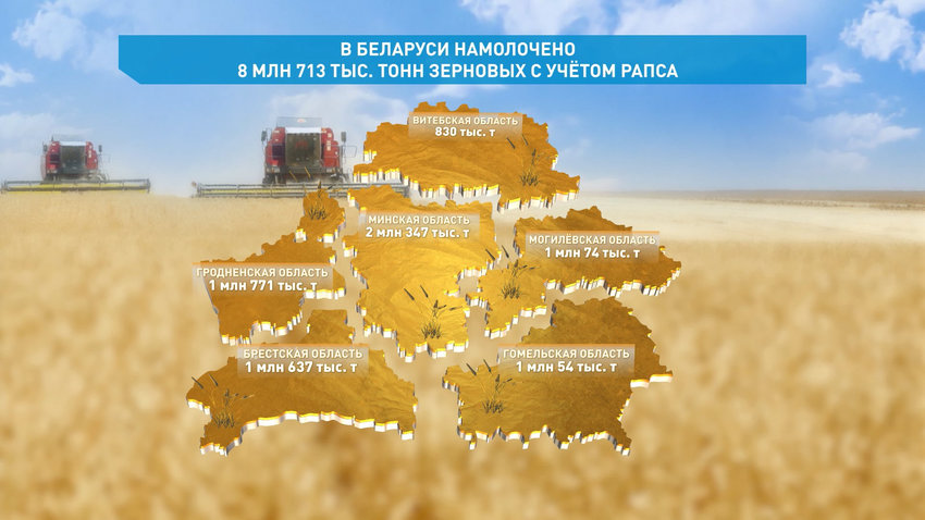 Белорусские аграрии намолотили  8 млн 713 тысяч т зерновых с учетом рапса
